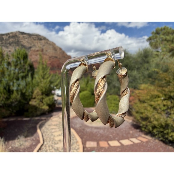 Vintage 14k Solid Yellow Gold Sterling Silver Hoop Earrings - Wire Braid Twist